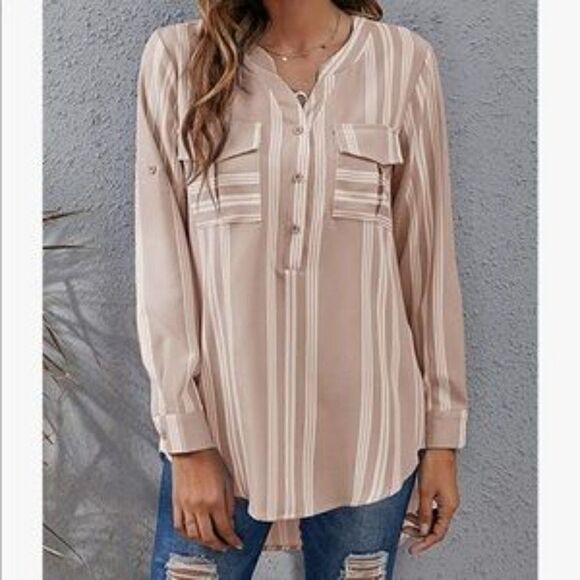 New V Neck Striped Roll Sleeves Button Down Shirt - Picture 4 of 7